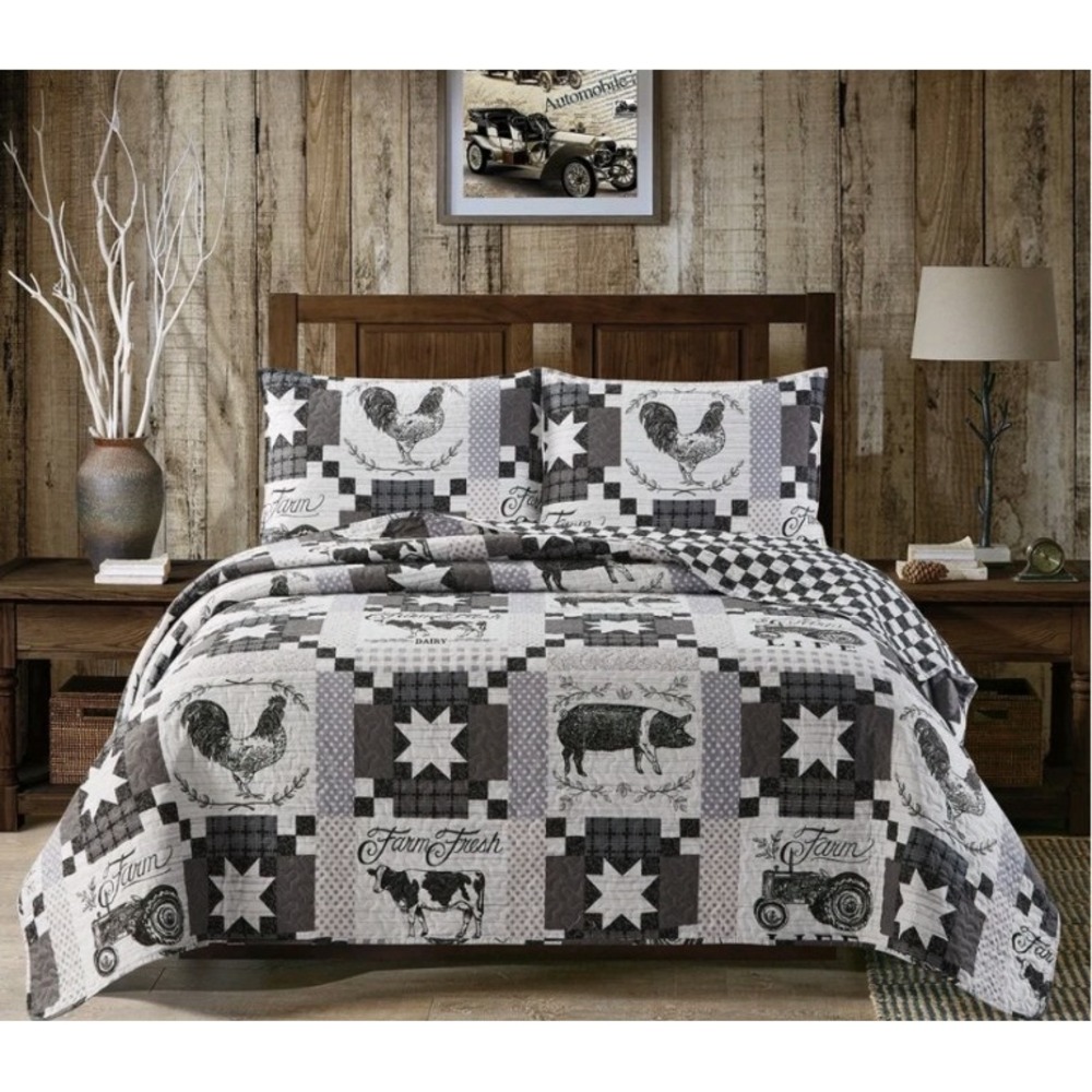 Virah Bella Quilt Set Full Queen Grey White NEW Farm Life Patchwork DQ10055FQ